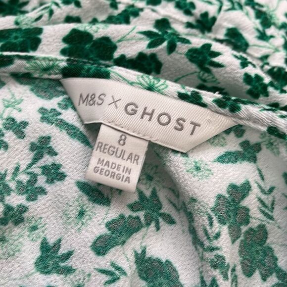 M&S X Ghost Ditsy Floral V Neck Tie Waist Green Midi Dress Sz 8 - Picture 8 of 10